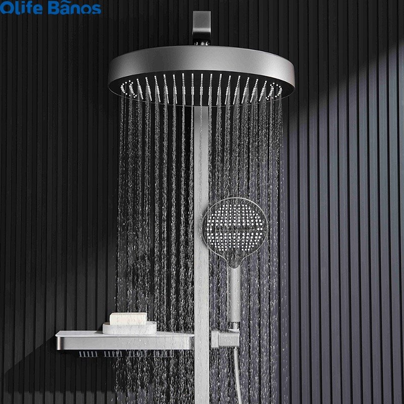 2024 Tiktok Trend Brass Wall Mounted Multifunctional Shower Digital Piano Digital Display Bathroom LED Shower Set With Shelf