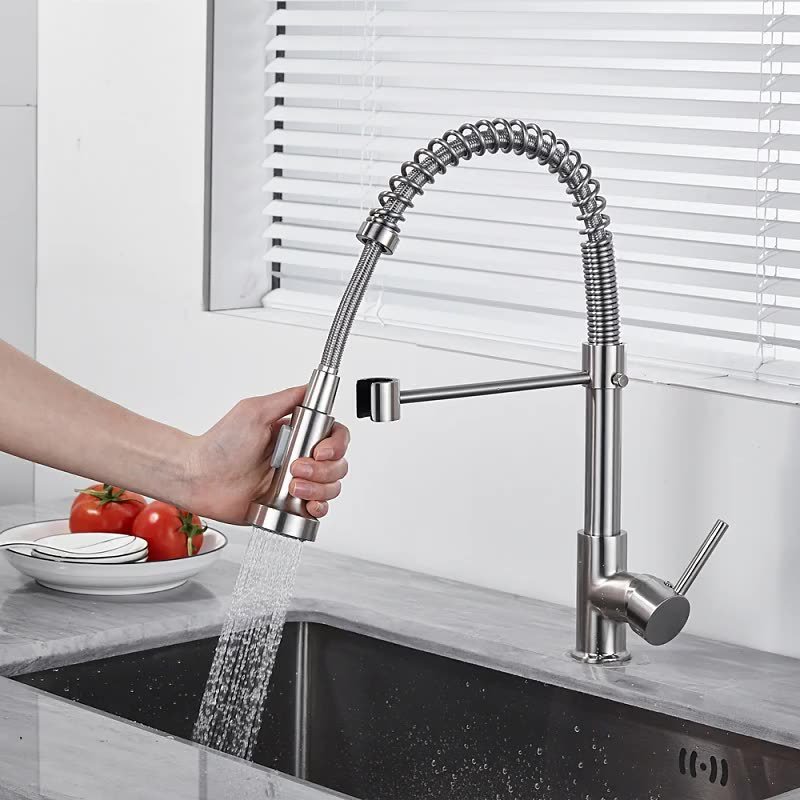 Modern 360 Rotation Stainless Steel Gold Kitchen Faucet Flexible Pull Spring Water Mixer Ceramic Valve Core Pull Sprayer Tap