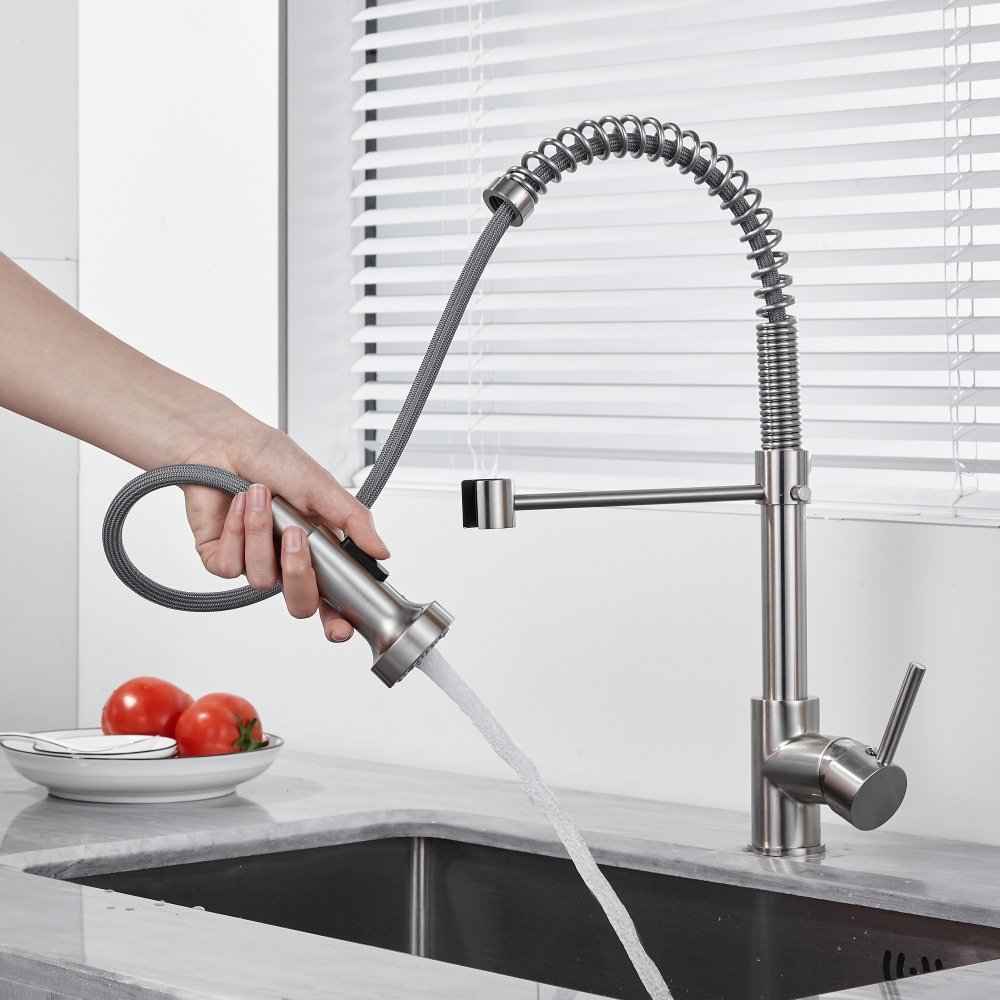 Modern 360 Rotation Stainless Steel Gold Kitchen Faucet Flexible Pull Spring Water Mixer Ceramic Valve Core Pull Sprayer Tap