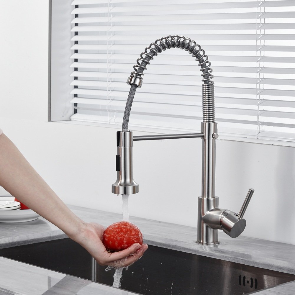 Modern 360 Rotation Stainless Steel Gold Kitchen Faucet Flexible Pull Spring Water Mixer Ceramic Valve Core Pull Sprayer Tap