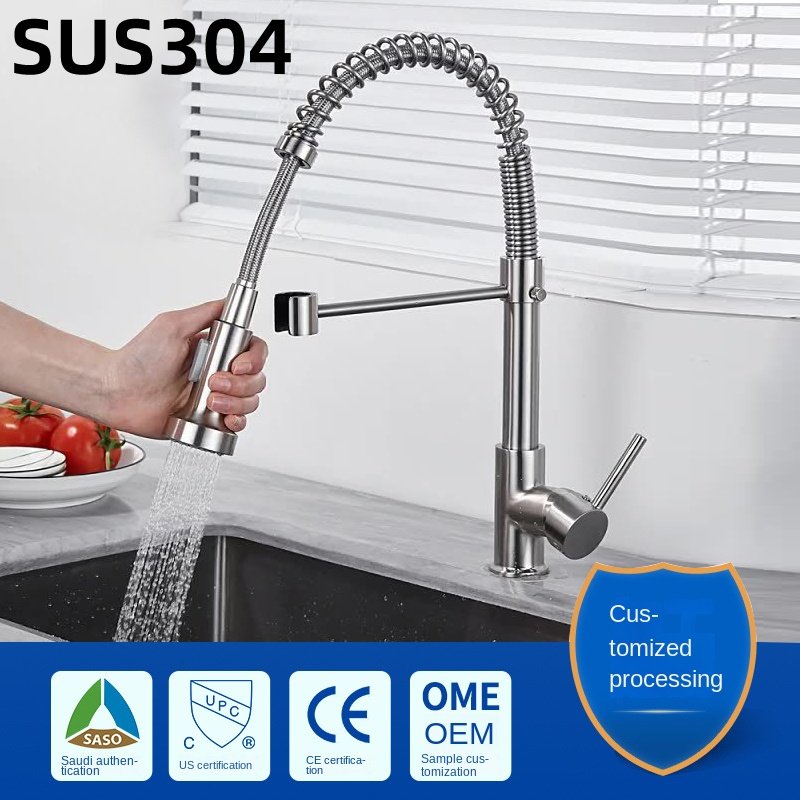 Modern 360 Rotation Stainless Steel Gold Kitchen Faucet Flexible Pull Spring Water Mixer Ceramic Valve Core Pull Sprayer Tap