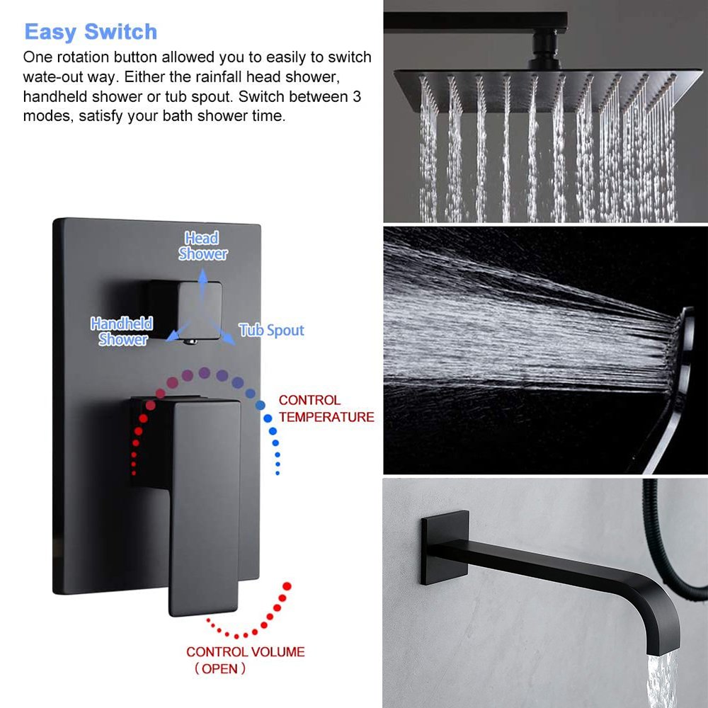 Aquacubic Shower Set Black in wall Bathroom brass kits rain rainfall shower mixer faucet set