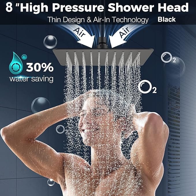 8'' Stainless Steel High-Pressure Overhead Spray Plastic Hand Shower 78'' Massage Jet Modes Ceramic Valve Soft Bracket Holder