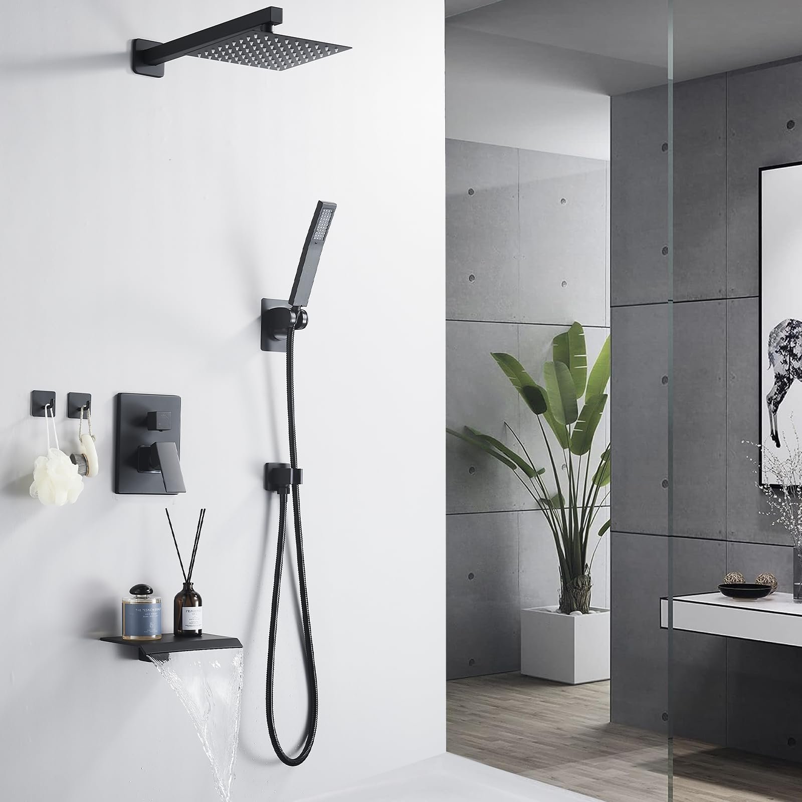 Brushed Nickel Wall Mounted Rainfall Shower Faucet Hand Shower Set with Pressure Balance Valve and Tub Spout