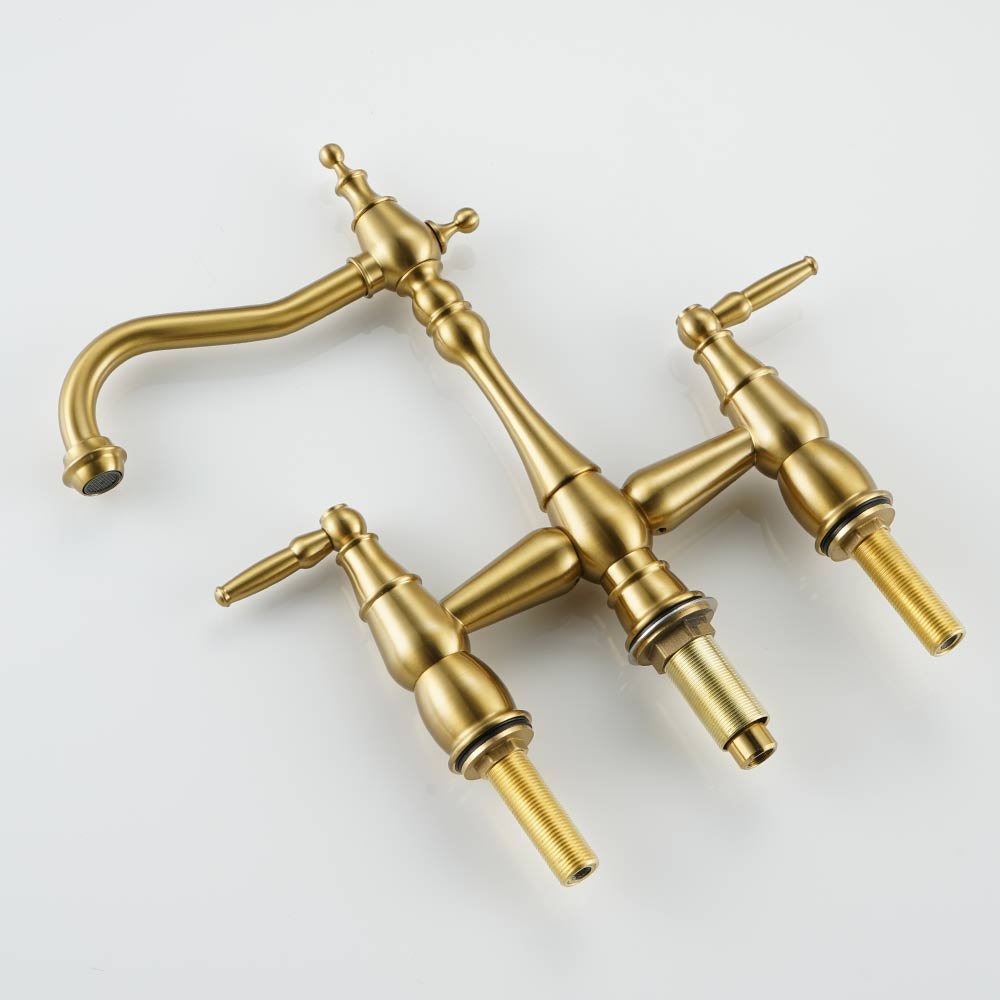 European Style Antique Brass Kitchen Taps 4 Holes Bridge Kitchen Faucet with Pull Out Side Sprayer