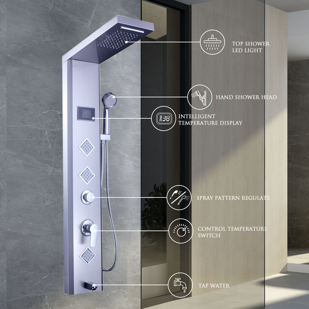 Soft Massage Modes Stainless Steel Wall System Panel Chrome Finish Brushed Valve Core Ceramic Material LED Shower Panel