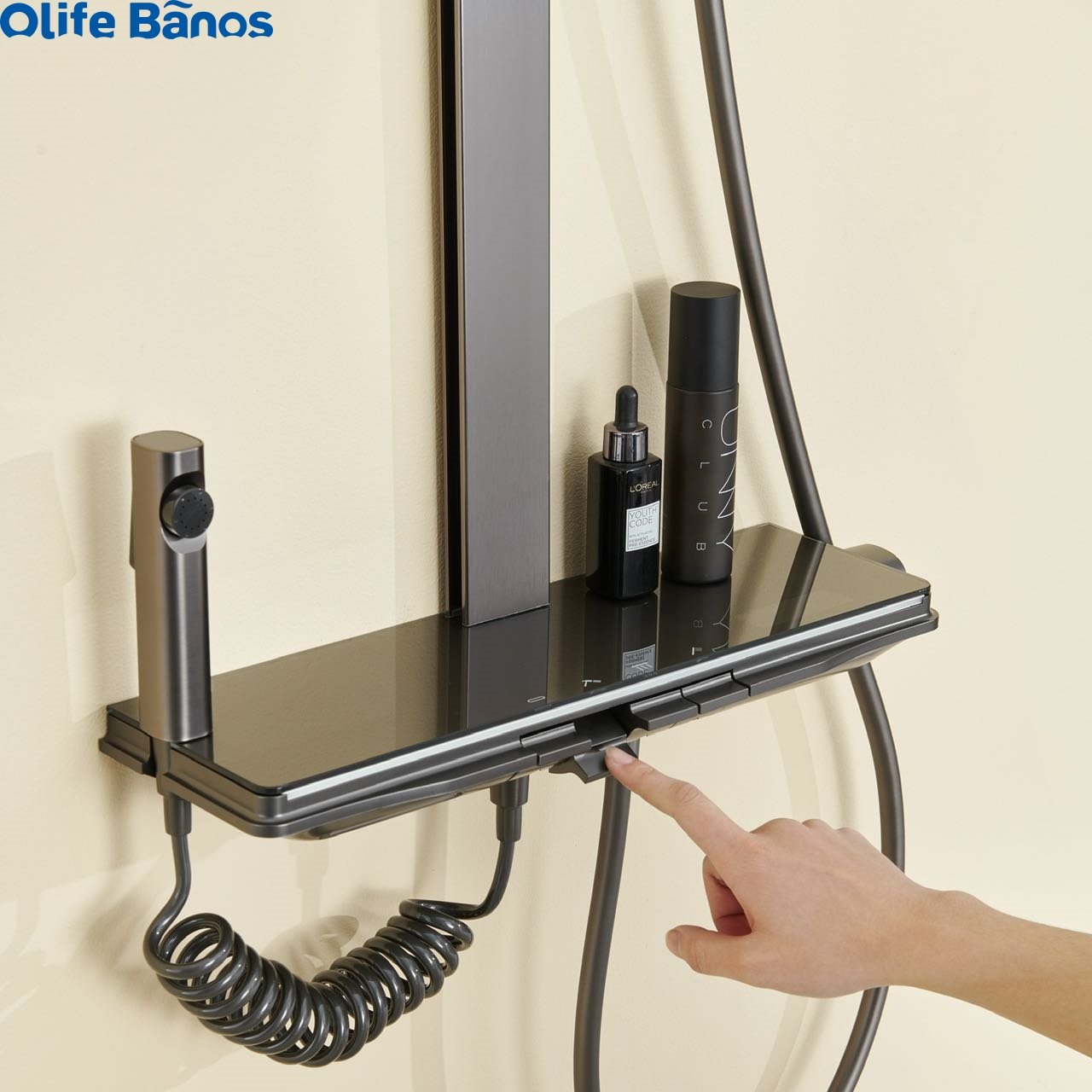 Olife Banos new design bathroom gunmetal color multifunctional piano key led waterfall shower set