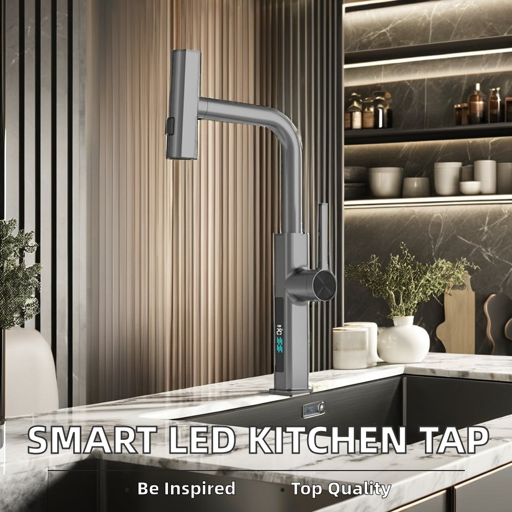 Modern Design LED Smart Digital Display 3-in-1 Kitchen Faucet Waterfall Kitchen Taps Mixer Faucets Pull Ceramic Valve Bathroom