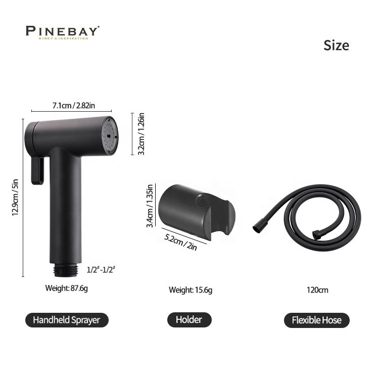 PINEBAY Toilet Shower Three Piece ABS Plastic Black Bidet Sprayer for Toilet Set Shattaf Muslim Adjustable Handheld Spray Gun