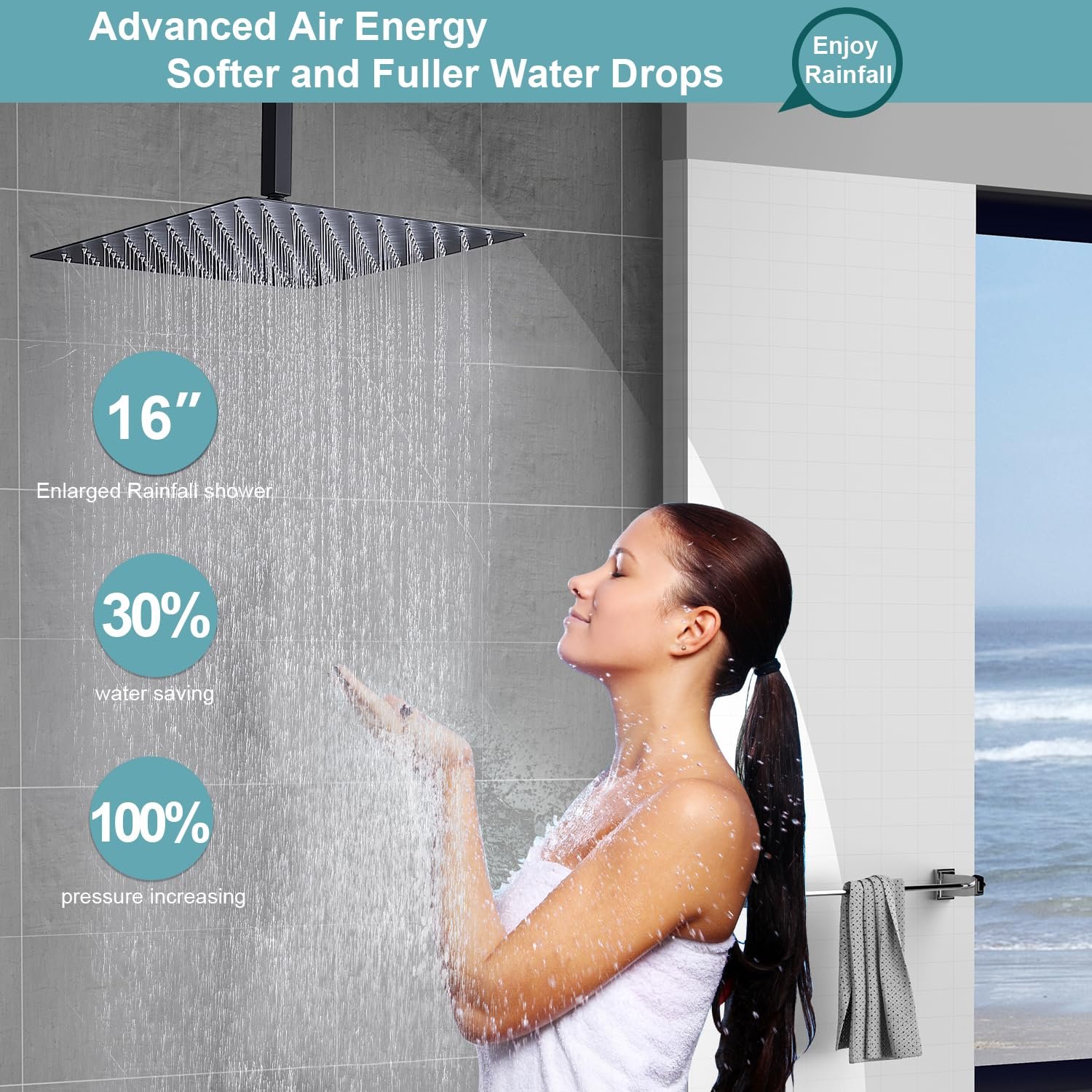 Matte Black 16 inch Ceiling Rain Shower head Brass Thermostatic Digital Shower System set with Push-Button Temperature Valve