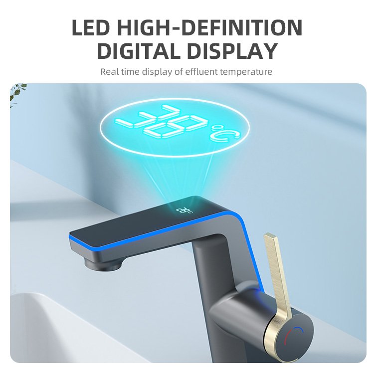 Kidolux Modern Gun Gray Ceramic Valve Basin Faucet Multi-Color Thermostat Hot Cold Intelligent Digital Display Bathroom Tap