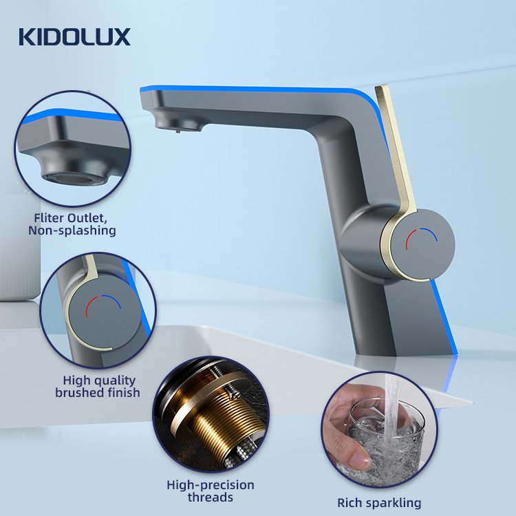 Kidolux Modern Gun Gray Ceramic Valve Basin Faucet Multi-Color Thermostat Hot Cold Intelligent Digital Display Bathroom Tap