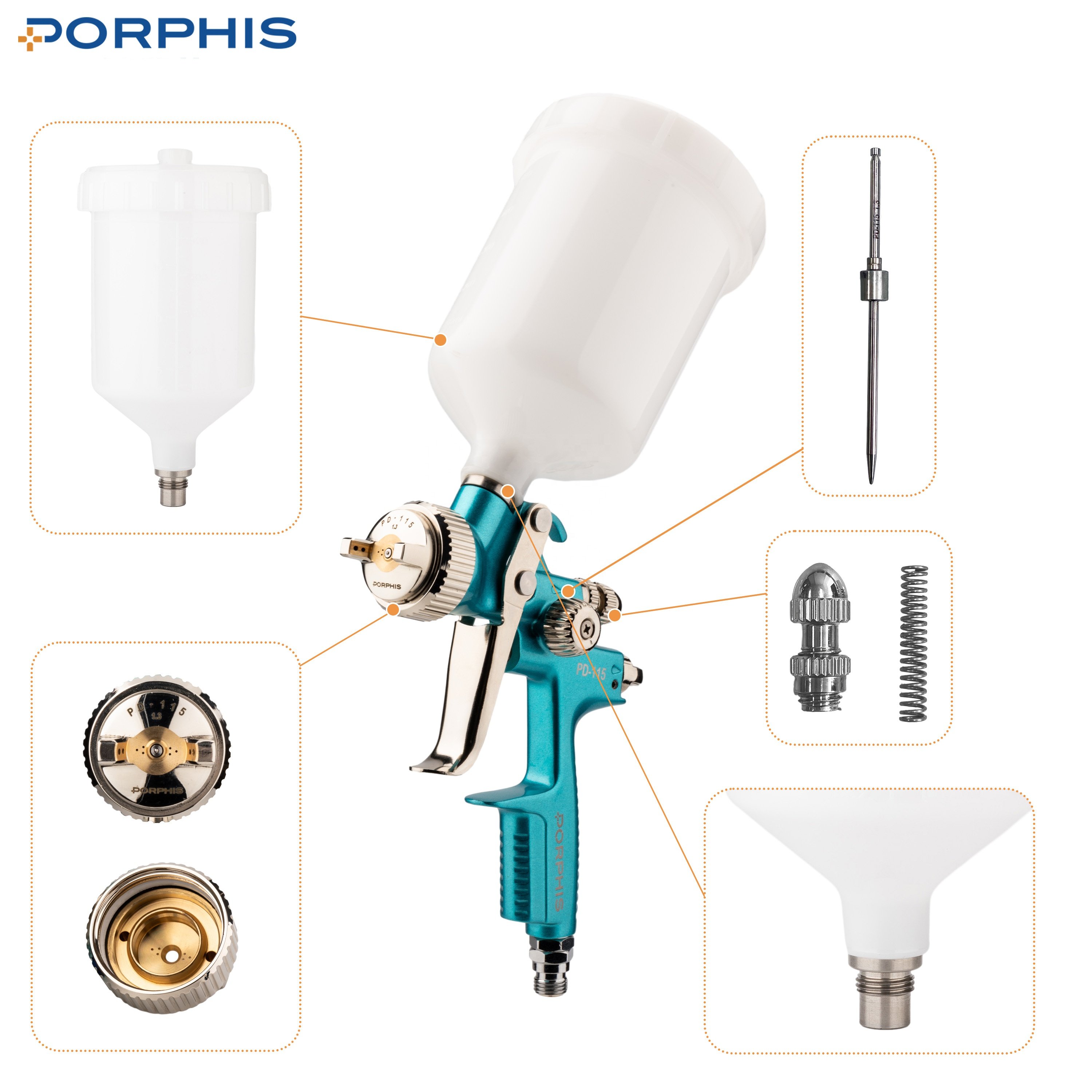 PORPHIS PD-115 1.3mm HVLP/RP Spray Gun With 360 Swivel Air Hose Connector High Atomization Car Paint spray gun spray valve paint