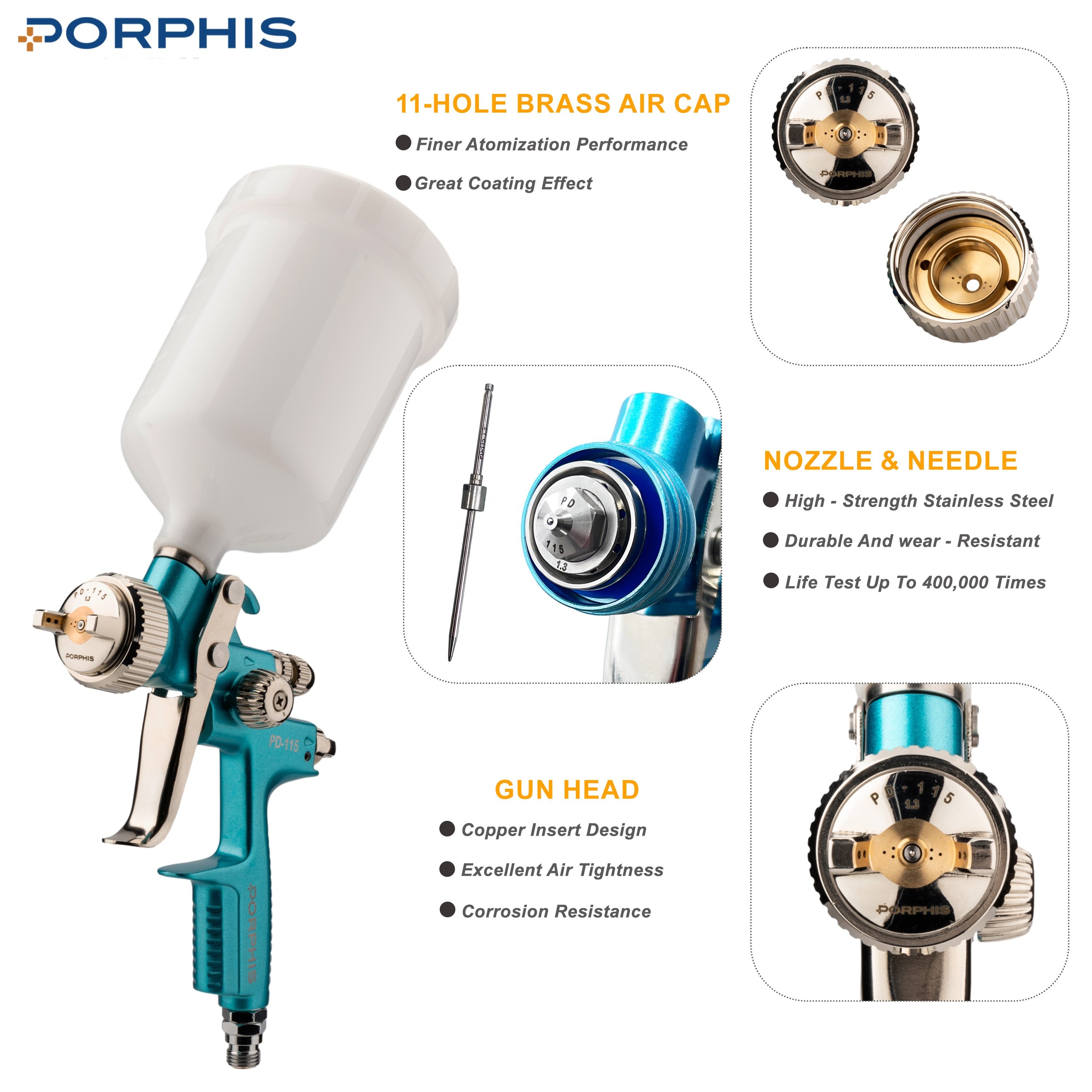 PORPHIS PD-115 1.3mm HVLP/RP Spray Gun With 360 Swivel Air Hose Connector High Atomization Car Paint spray gun spray valve paint