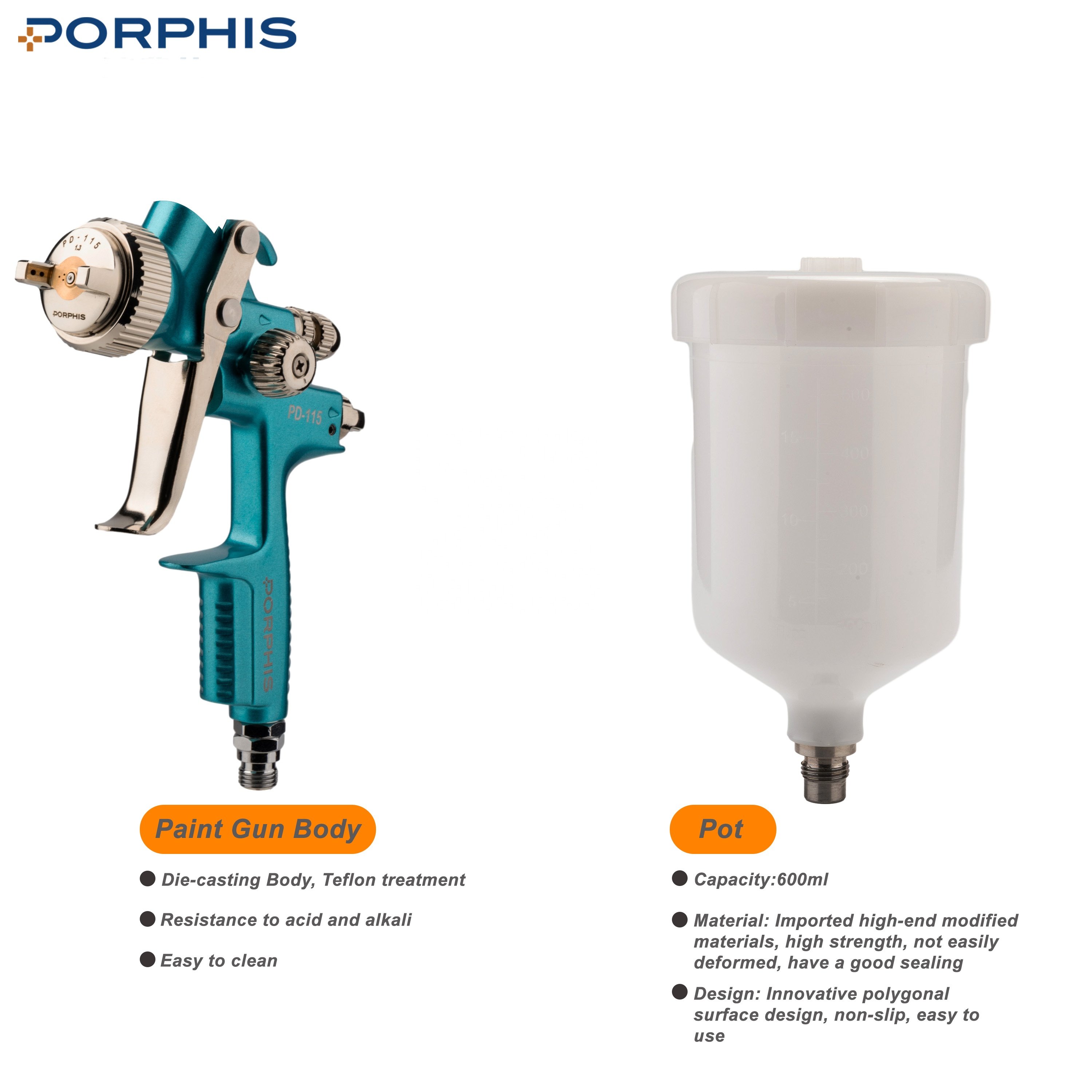 PORPHIS PD-115 1.3mm HVLP/RP Spray Gun With 360 Swivel Air Hose Connector High Atomization Car Paint spray gun spray valve paint