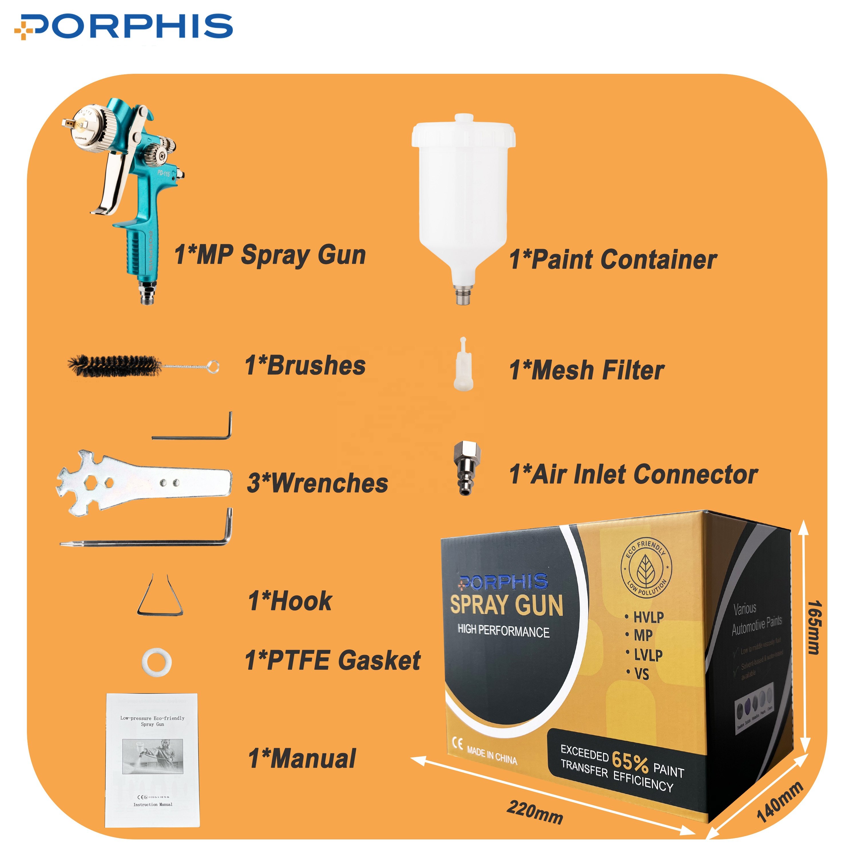 PORPHIS PD-115 1.3mm HVLP/RP Spray Gun With 360 Swivel Air Hose Connector High Atomization Car Paint spray gun spray valve paint