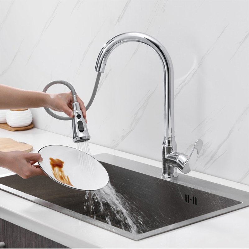 Modern Single-Handle Chrome Pull-Out Kitchen Faucet Deck Mounted Ceramic Valve Sink Hotels Bathroom Faucet