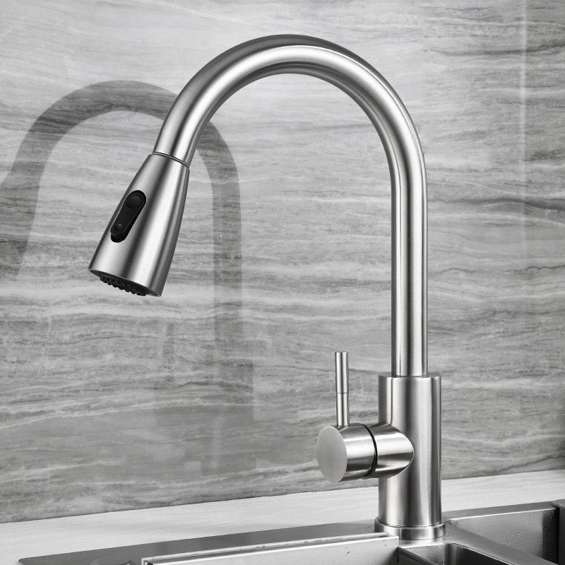 Modern 304 Stainless Steel Hot Cold Vegetable Drawing Basin Faucet Pull out Spray with Ceramic Valve Core for Kitchen Hotel