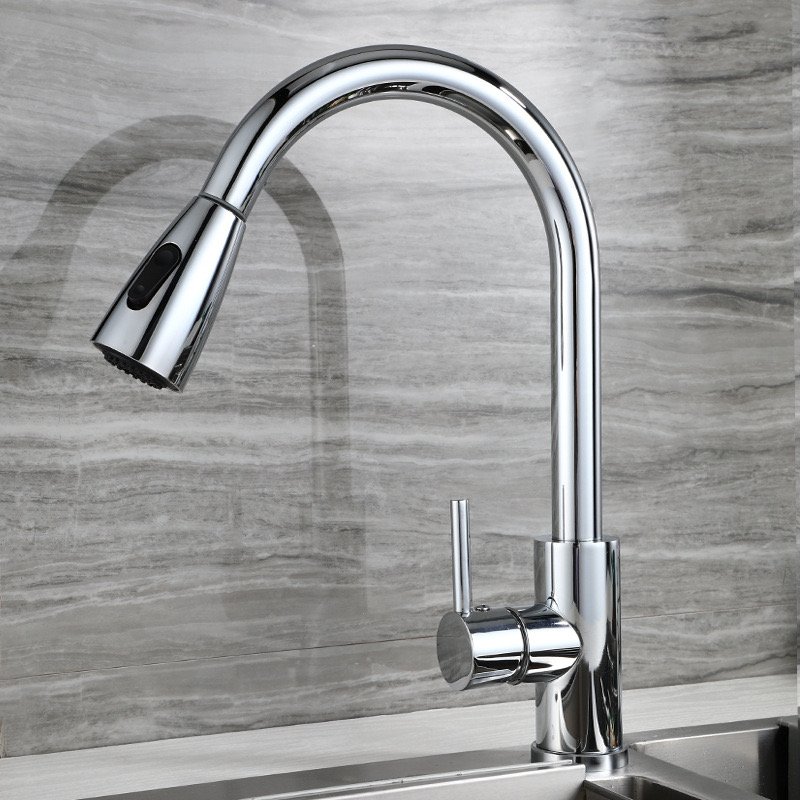 Modern 304 Stainless Steel Hot Cold Vegetable Drawing Basin Faucet Pull out Spray with Ceramic Valve Core for Kitchen Hotel