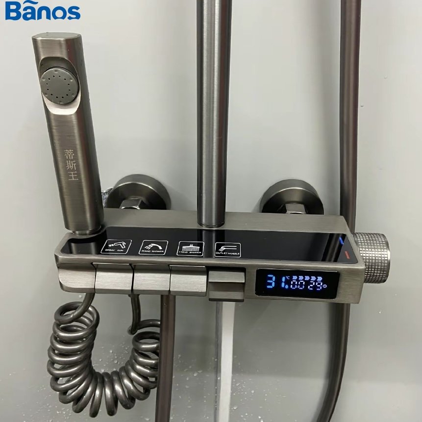 Olife Banos bathroom gunmetal white digital led piano key waterfall rainfall shower head faucet hot cold shower set