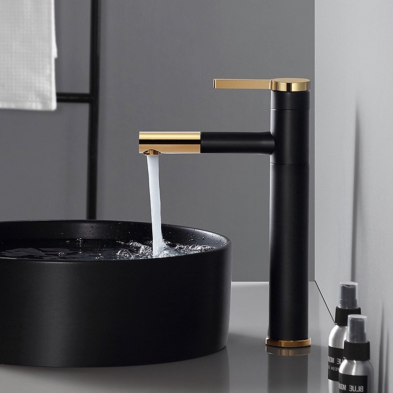 Luxury Modern Single-Hole Brass Basin Tap Faucet Black and Golden Pull out Bathroom Mixer with Ceramic Valve Core
