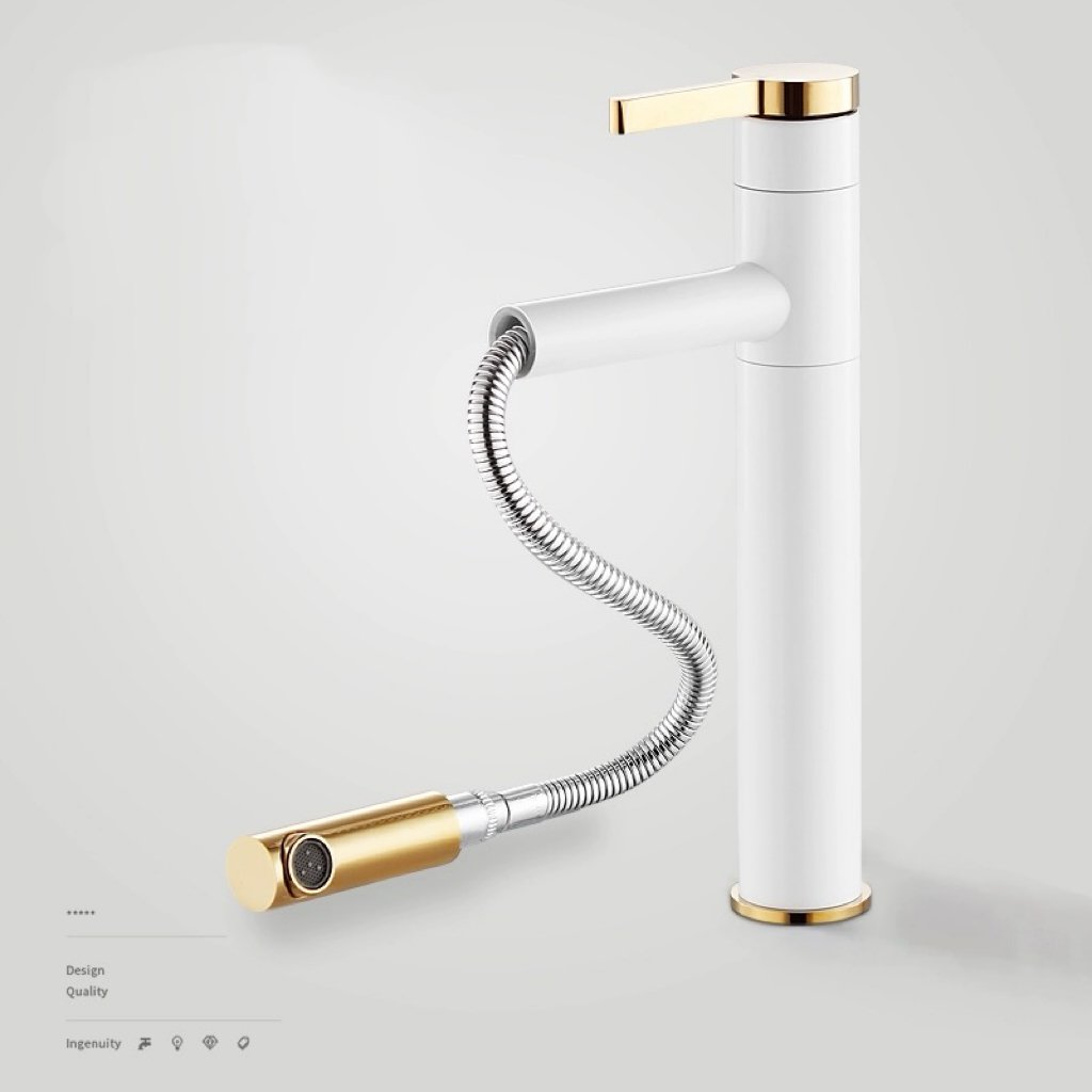 Luxury Modern Single-Hole Brass Basin Tap Faucet Black and Golden Pull out Bathroom Mixer with Ceramic Valve Core