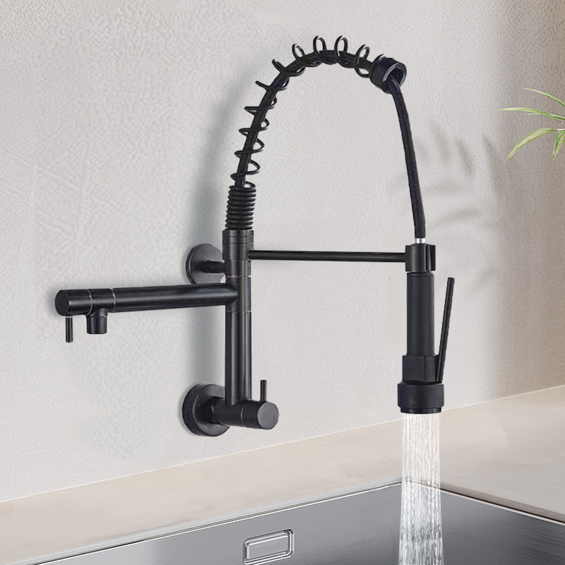 ANQI copper single cooling kitchen faucet wall-mounted pull-out faucet