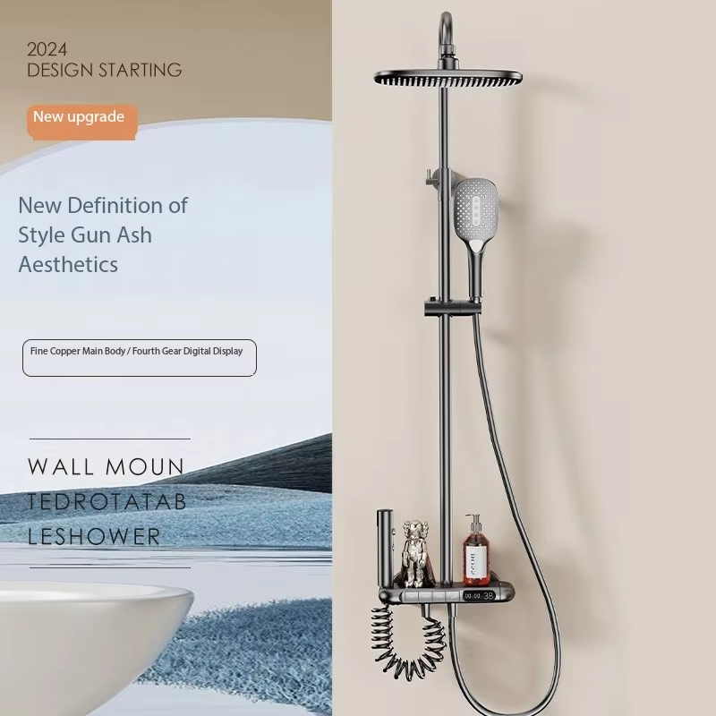 Classic Brass Fixed Temperature Lifting Shower for Bathroom Digital Display Bathroom Piano Rain Spray Pattern Ceramic Valve Core