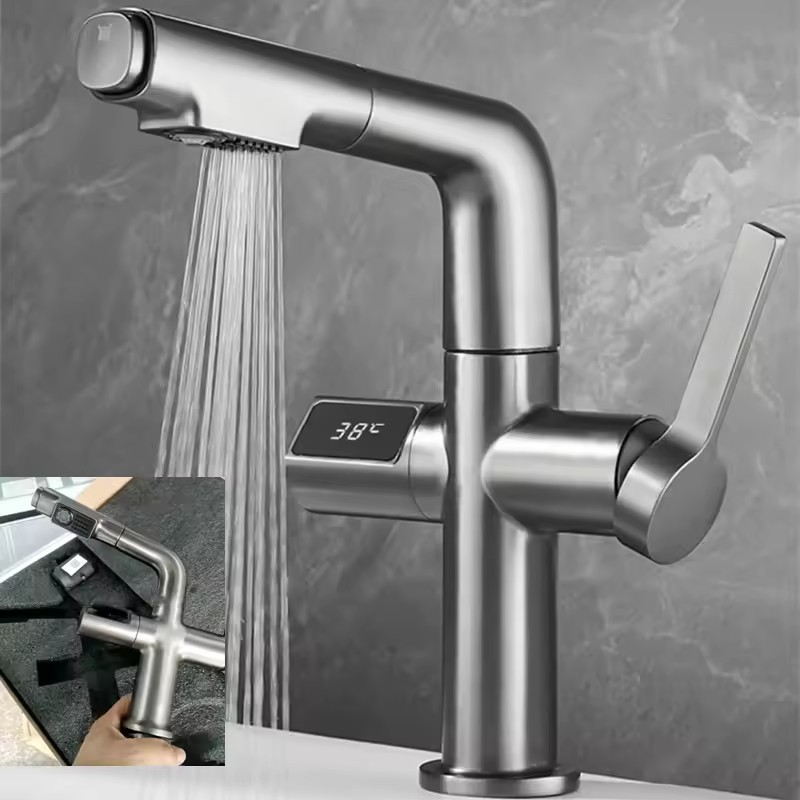 Modern Single-Handle Intelligent Kitchen Faucet Digital Display Pull-Out Ceramic Deck Mounted Single-Hole Sense Faucets Hotels