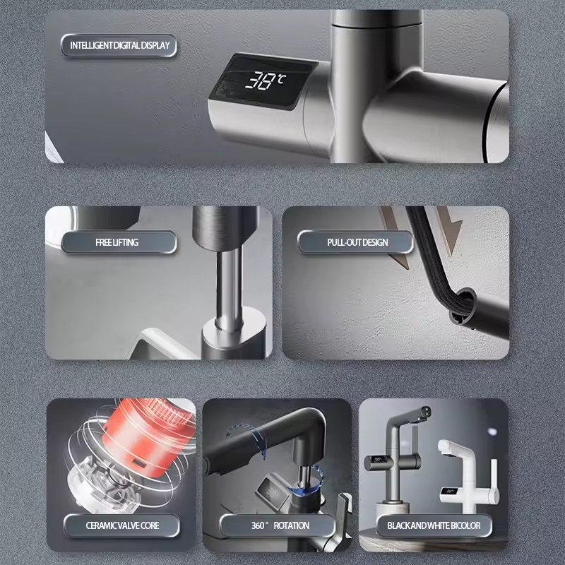 Modern Single-Handle Intelligent Kitchen Faucet Digital Display Pull-Out Ceramic Deck Mounted Single-Hole Sense Faucets Hotels