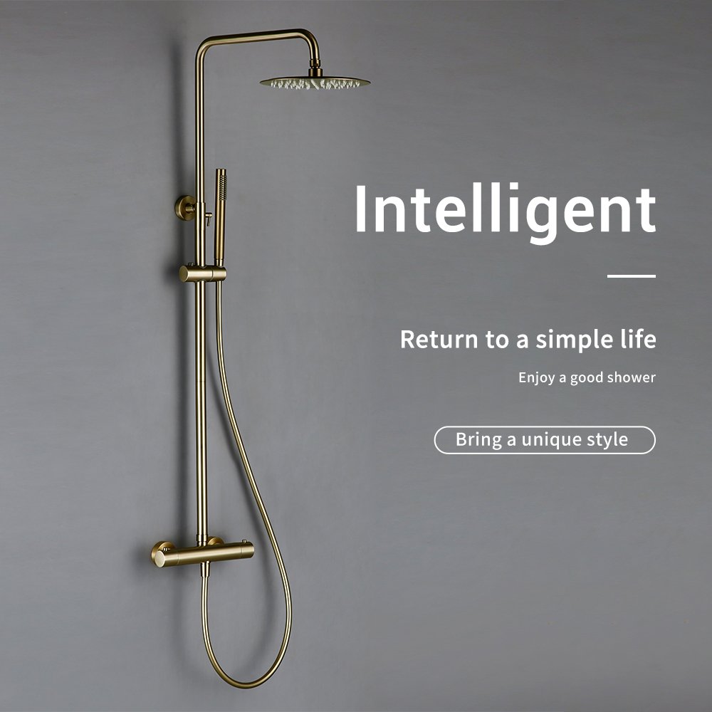 Thermostat Shower Mixer Valve Set Bathroom Thermostatic Faucet Wall Mount Arm Diverter With Handheld Spray & Rain Head