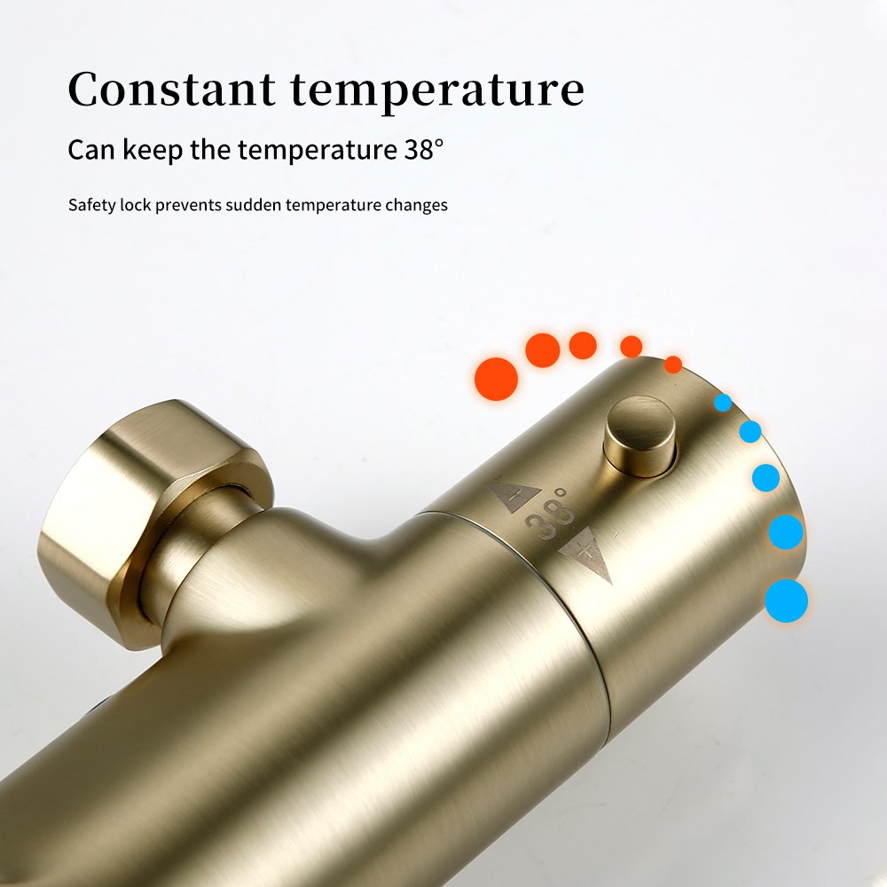 Thermostat Shower Mixer Valve Set Bathroom Thermostatic Faucet Wall Mount Arm Diverter With Handheld Spray & Rain Head
