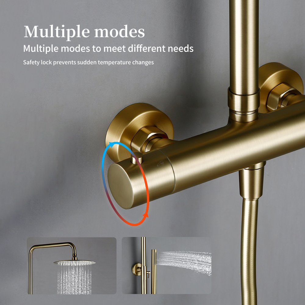 Thermostat Shower Mixer Valve Set Bathroom Thermostatic Faucet Wall Mount Arm Diverter With Handheld Spray & Rain Head