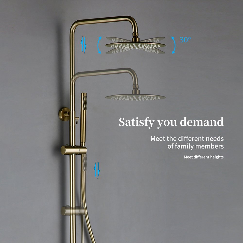 Thermostat Shower Mixer Valve Set Bathroom Thermostatic Faucet Wall Mount Arm Diverter With Handheld Spray & Rain Head