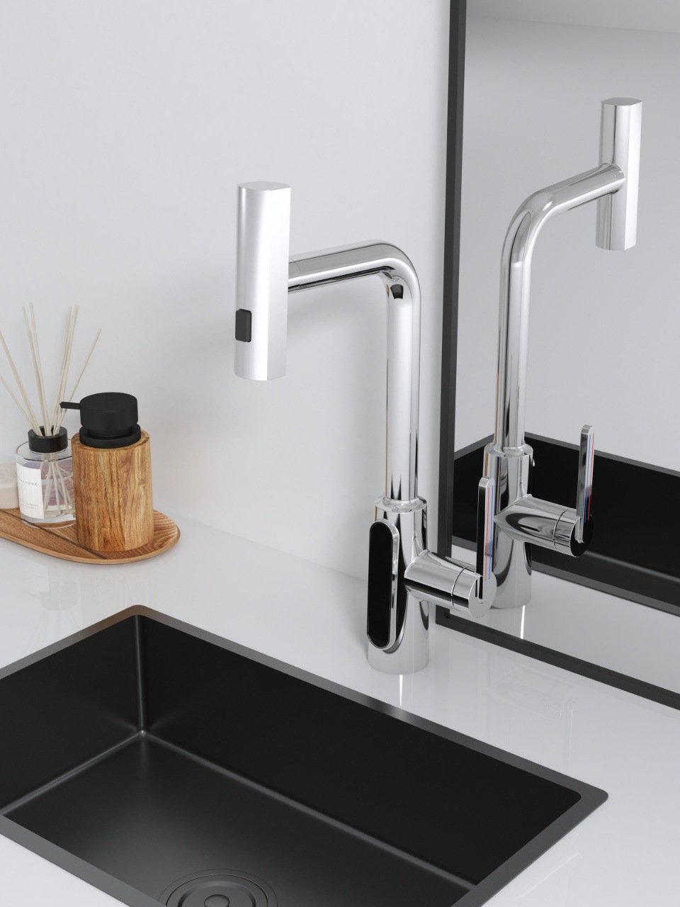 Modern White Lamian Noodles Basin Faucet Gun Grey Cold Hot up Spray Waterfall Digital Display Copper Kitchen Faucet Bathroom