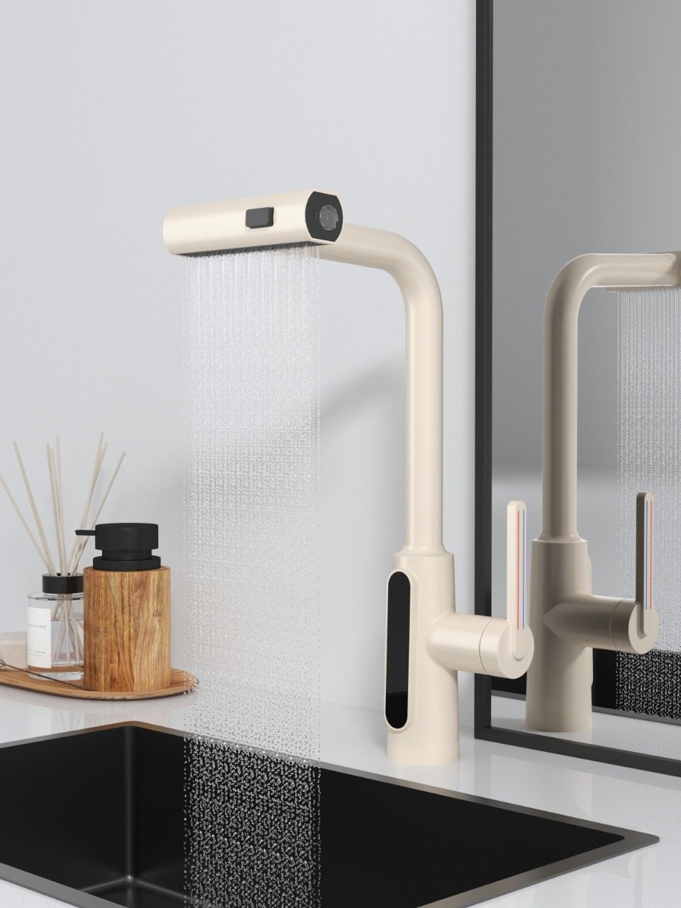 Modern White Lamian Noodles Basin Faucet Gun Grey Cold Hot up Spray Waterfall Digital Display Copper Kitchen Faucet Bathroom