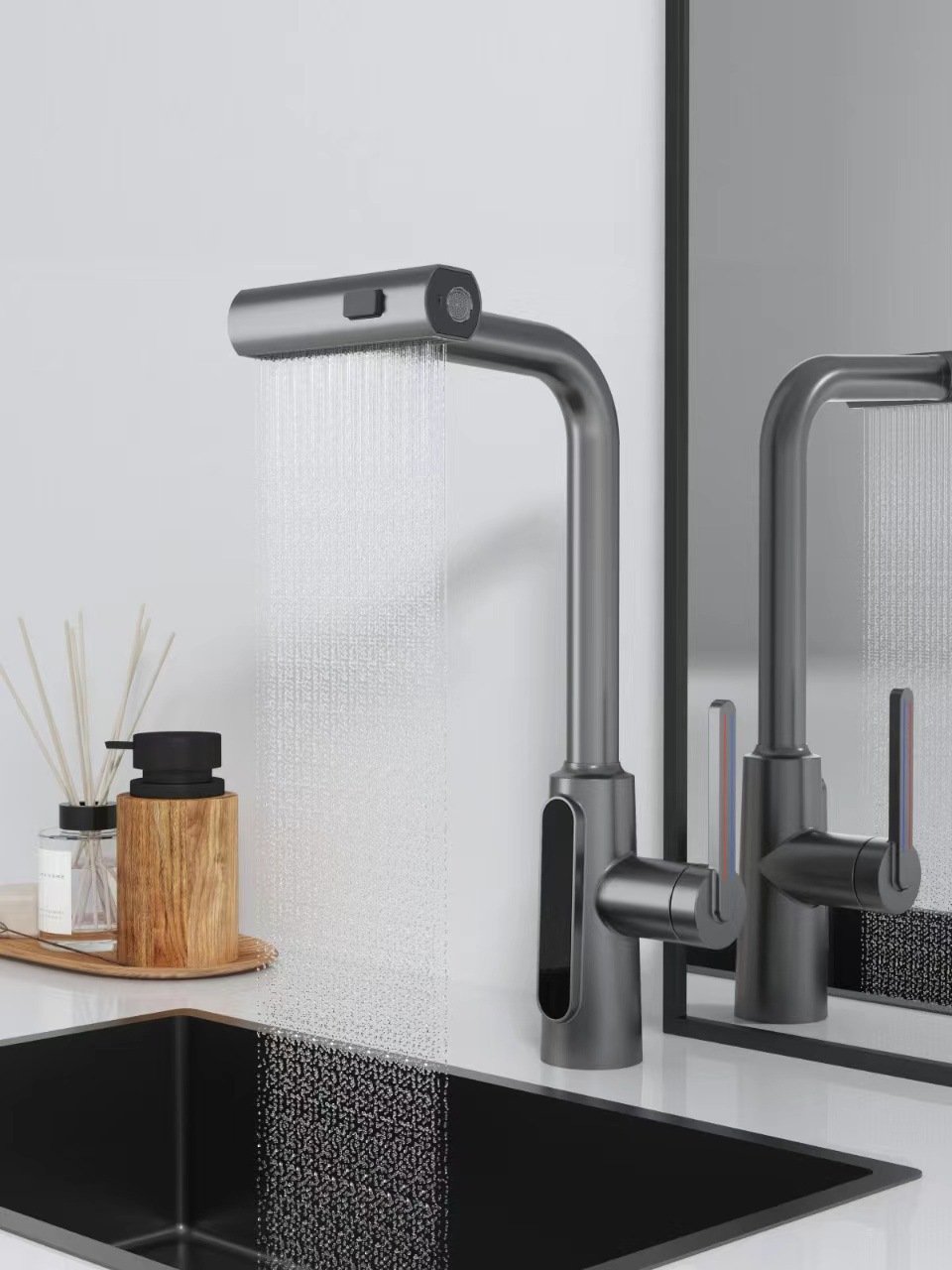 Modern White Lamian Noodles Basin Faucet Gun Grey Cold Hot up Spray Waterfall Digital Display Copper Kitchen Faucet Bathroom
