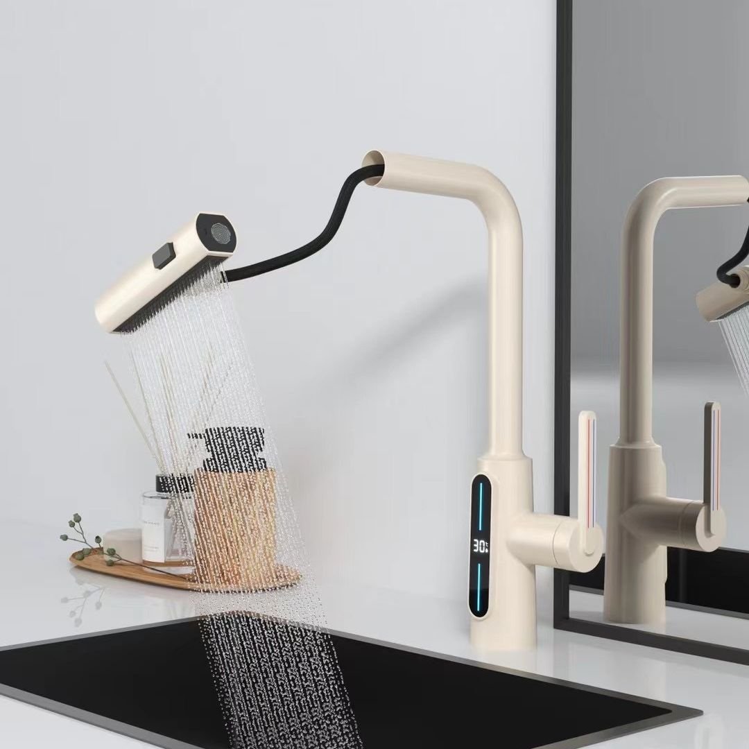Modern White Lamian Noodles Basin Faucet Gun Grey Cold Hot up Spray Waterfall Digital Display Copper Kitchen Faucet Bathroom