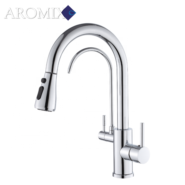 High Quality SS 304 Three Way 3 in 1 Pull Down Kitchen Sink Mixer Drinking Water Filter Faucet with Water Purification Tap
