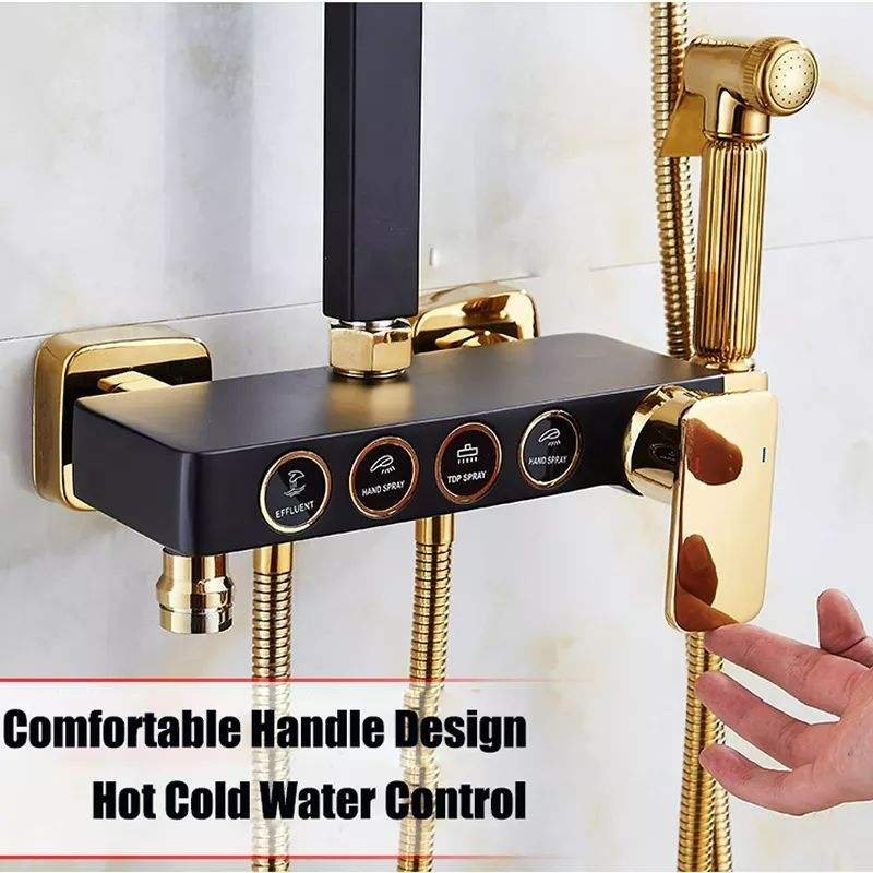 LULUMOM Square Ceiling Shower System LED Display Piano Button Rain Jet Spray Pattern Chrome Bathroom Adjustable Shower Head