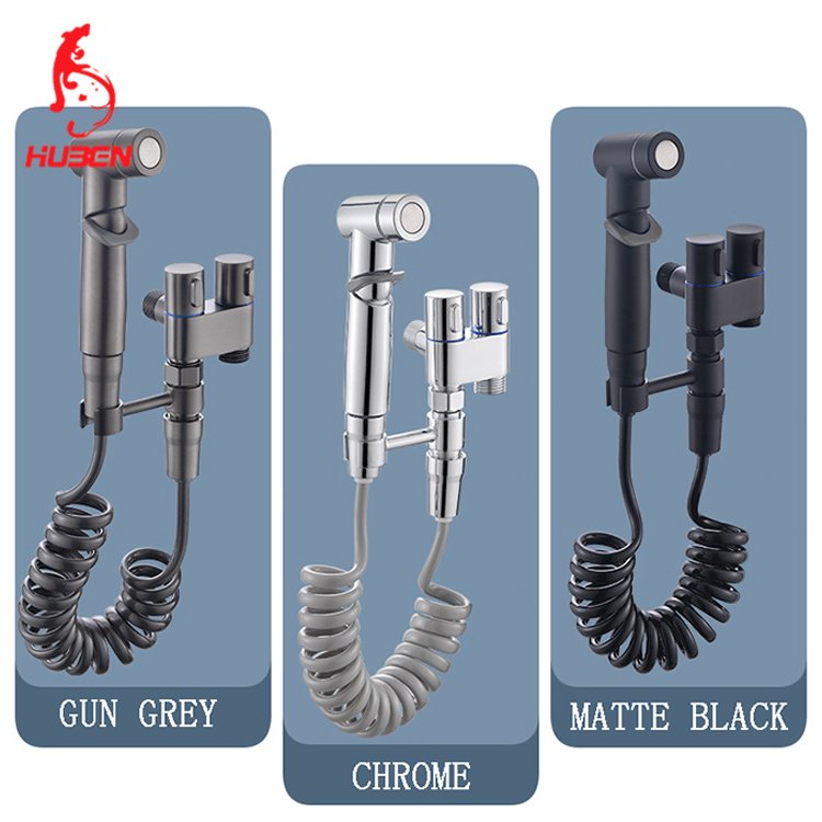 G1/2" standard Brass 3-Way Angle valve Toilet Bidet Sprayer Shattaf Double Handle Shunt Faucet Diverter With Spray Gun Grey Set