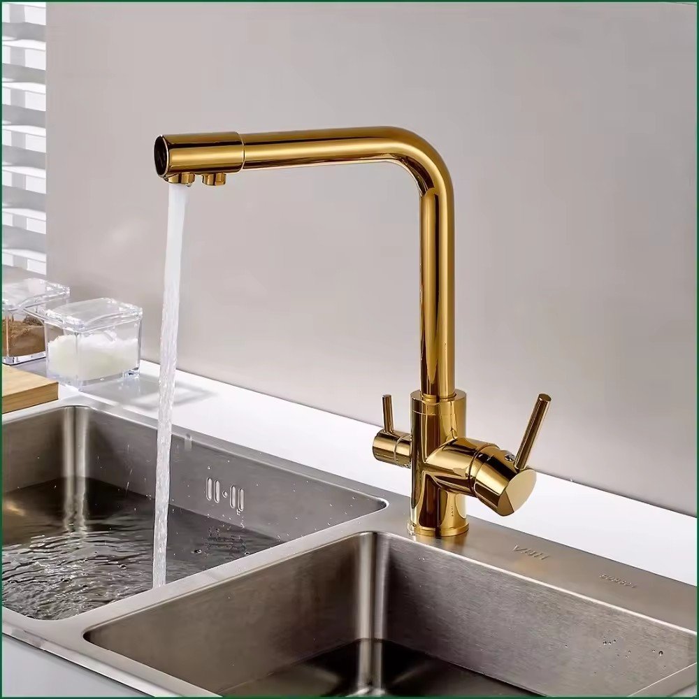 3-Way Single Handle Deck Mounted Kitchen Faucet Brushed Brass Sink Tap Ceramic Valve Core Water Purification Cold Tap Function
