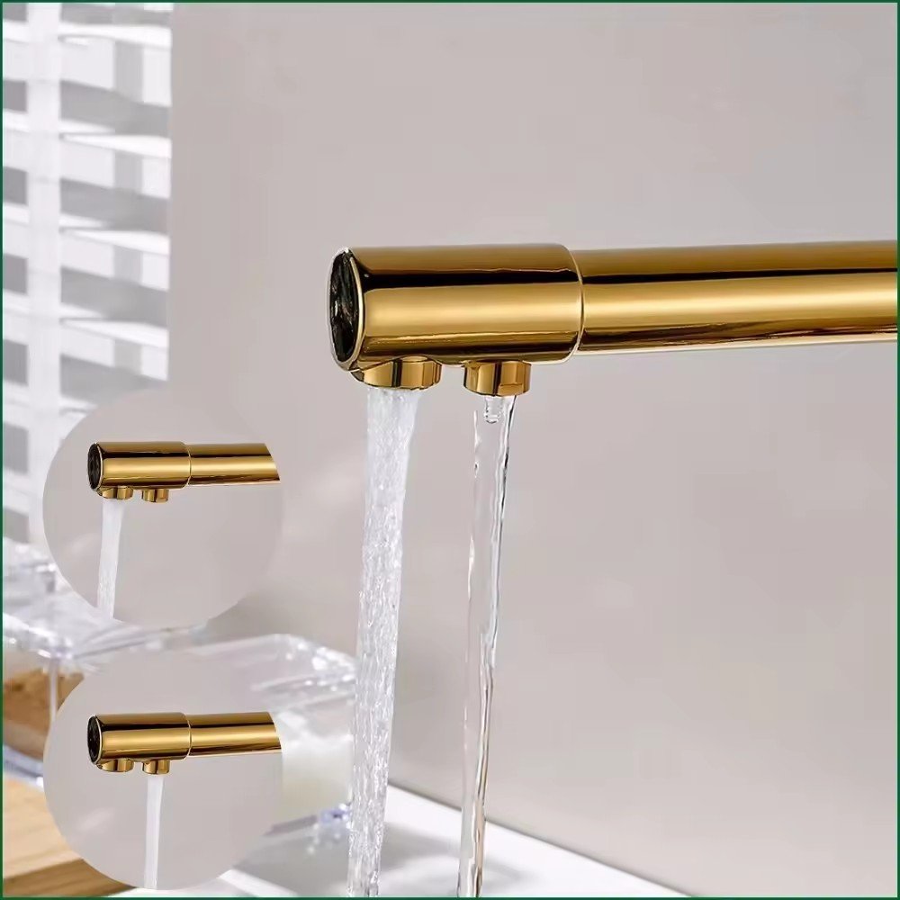 3-Way Single Handle Deck Mounted Kitchen Faucet Brushed Brass Sink Tap Ceramic Valve Core Water Purification Cold Tap Function