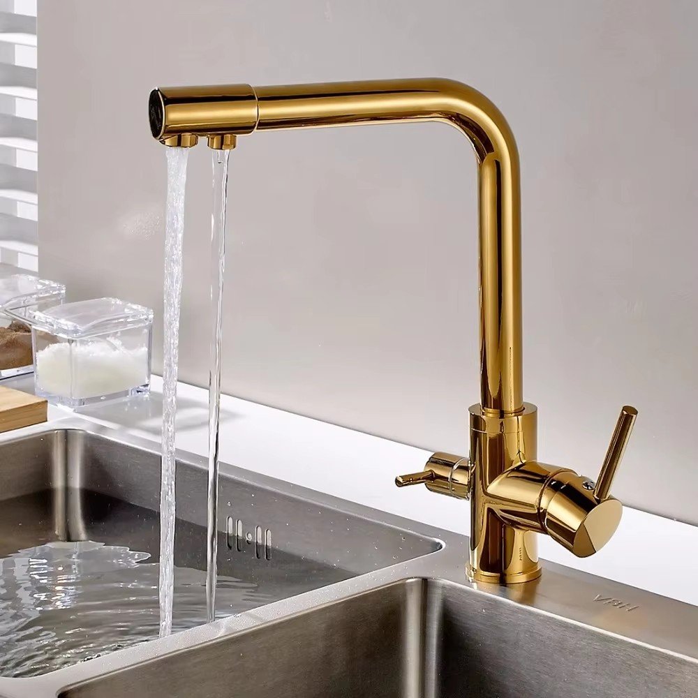3-Way Single Handle Deck Mounted Kitchen Faucet Brushed Brass Sink Tap Ceramic Valve Core Water Purification Cold Tap Function