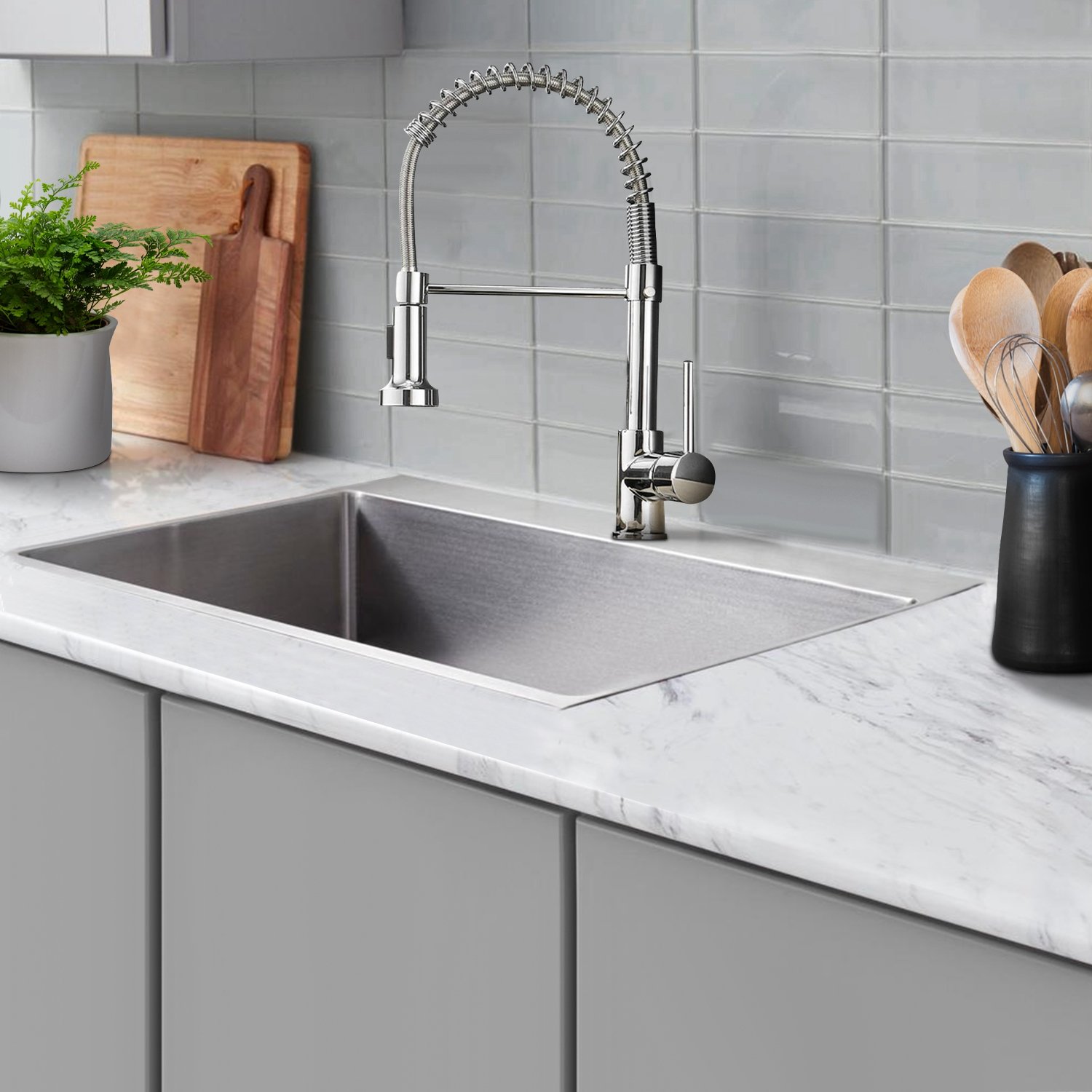 Industrial Chrome Pull-Down Kitchen Spring Coil Design Customizable Wholesale Options-Brushed Stainless Steel Single Valve