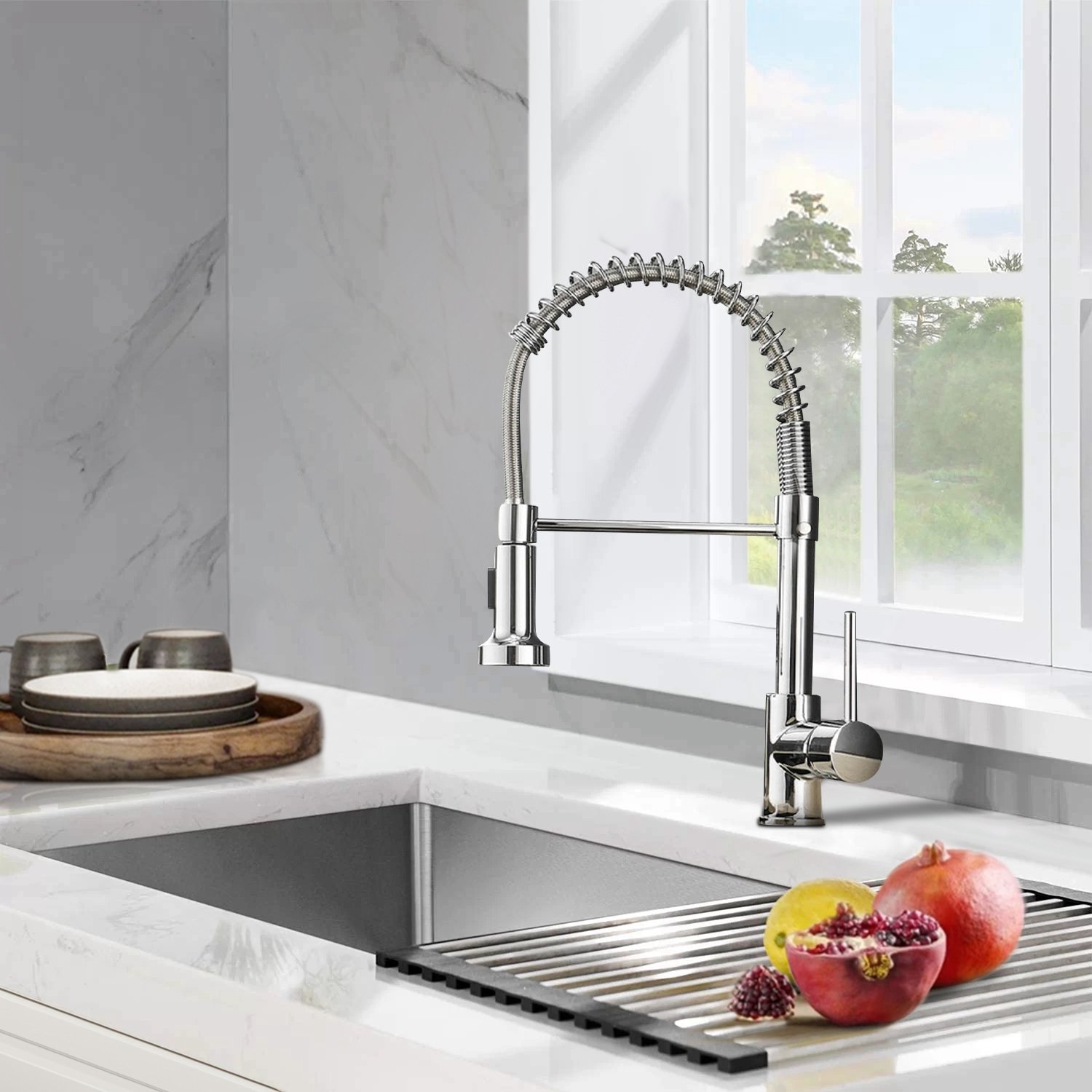 Industrial Chrome Pull-Down Kitchen Spring Coil Design Customizable Wholesale Options-Brushed Stainless Steel Single Valve