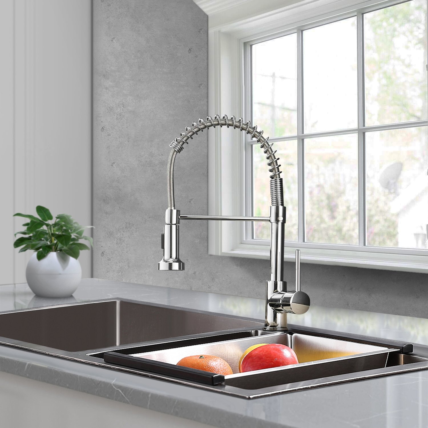 Industrial Chrome Pull-Down Kitchen Spring Coil Design Customizable Wholesale Options-Brushed Stainless Steel Single Valve