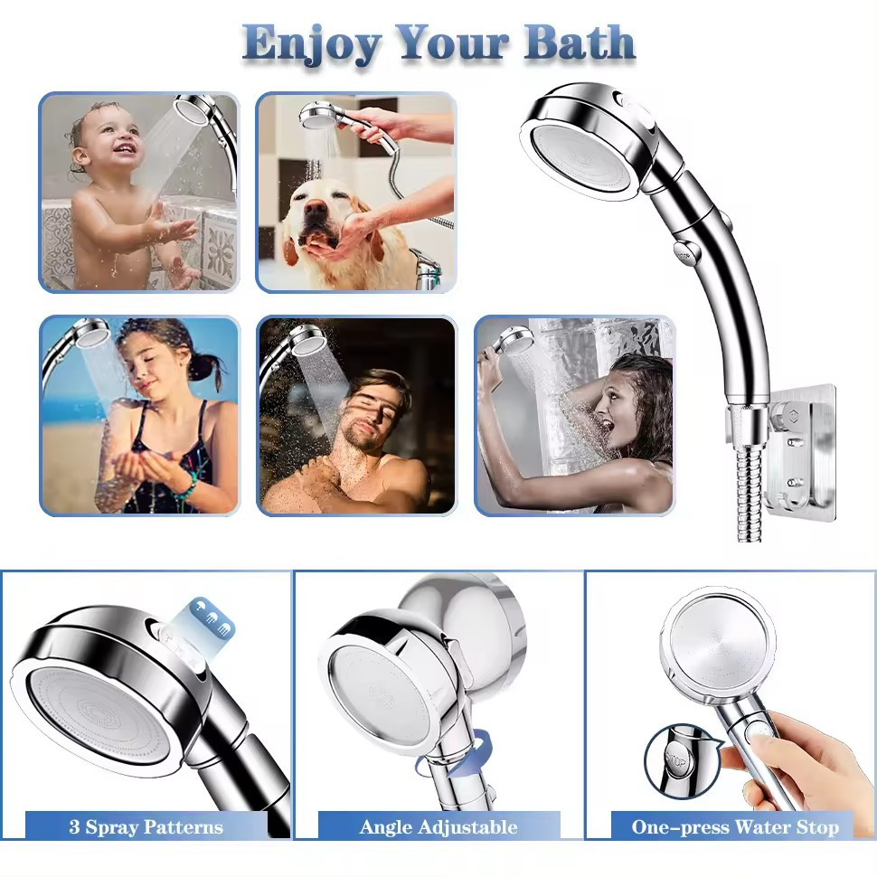 New Water-Saving ABS Shower Head with 3 Spray Modes Handheld Bathroom Accessory Single Handle High-Pressure Ceramic Valve Core