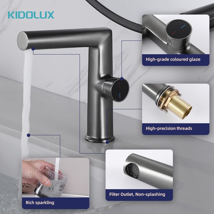 Kidolux Bathroom Brass Basin Tap Copper Brush Grey Faucet Fucets Mixers Taps Round Basin Faucet Hot Cold Chrome Mono Handle Ce