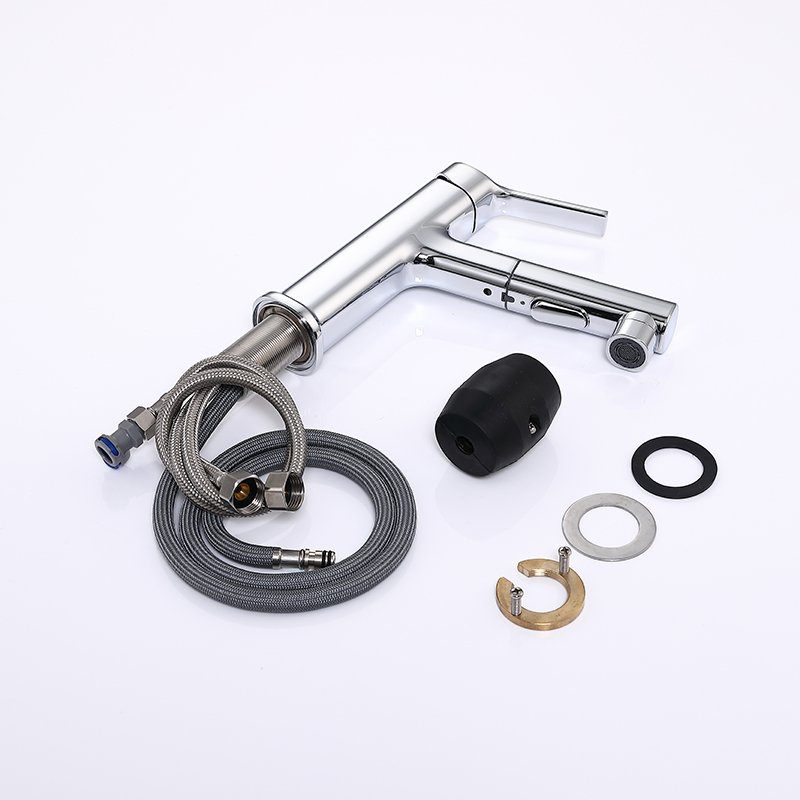 Single Lever Bathroom Basin Faucet Polished Vanity Sink Tap with Pull Out Spray and Face Washing Function